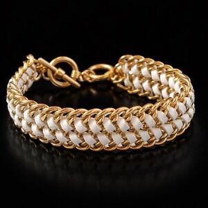 Leather Woven Chain Bracelet Toggle Clasp Wide Link Gold Tone Adjustable